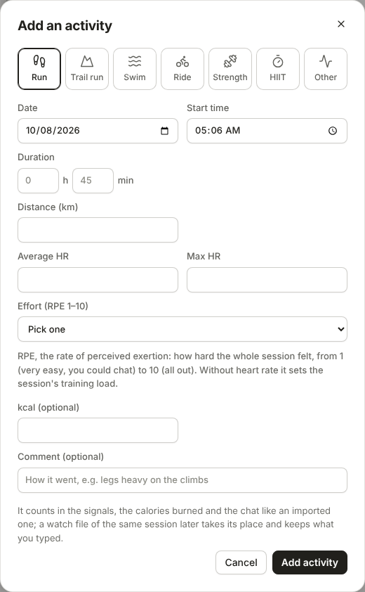 Adding an activity by hand: one form per sport