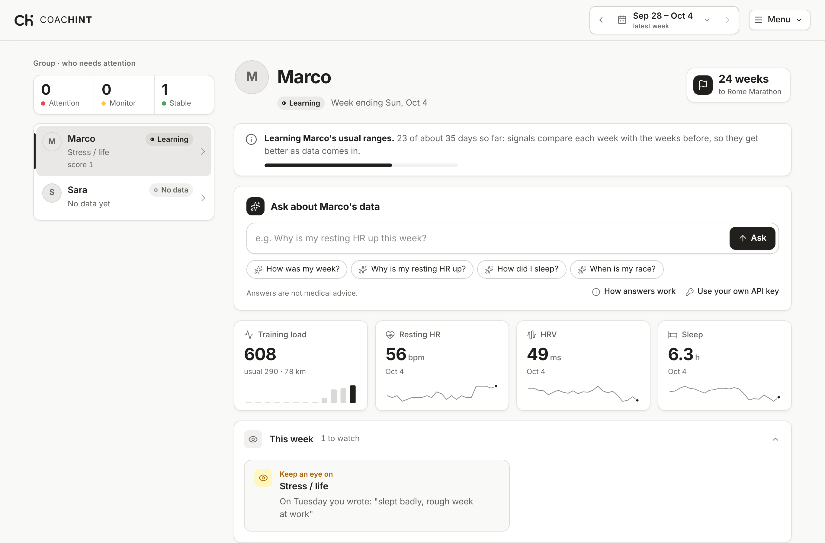 An athlete with 3 weeks of data: Learning