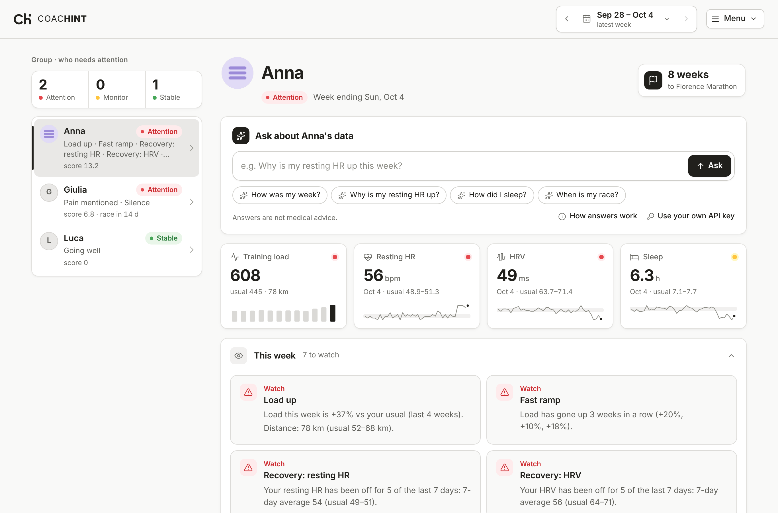 The app: group on the left, the selected athlete on the right, with the chat at the top