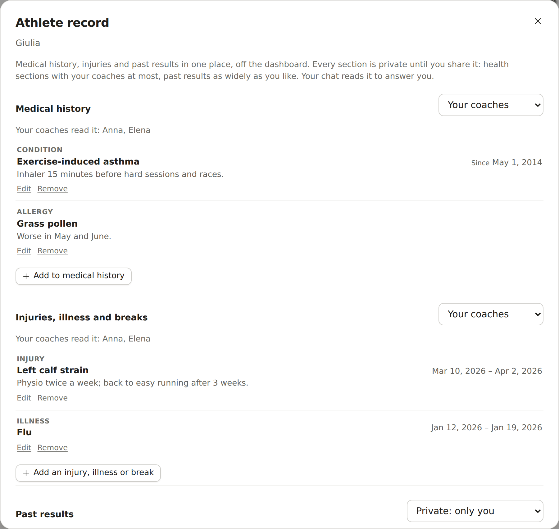 Giulia's athlete record