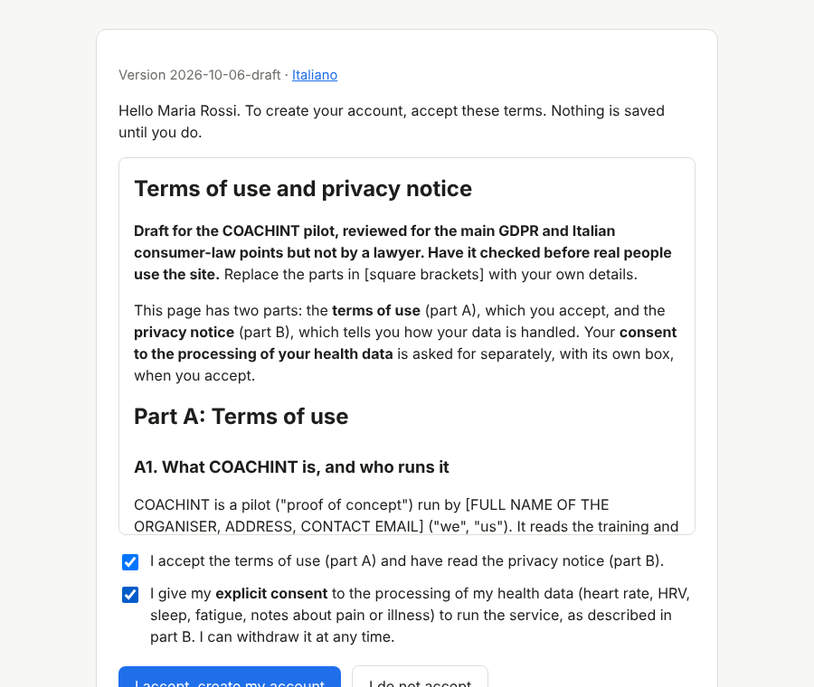 The terms of use, before an account is created